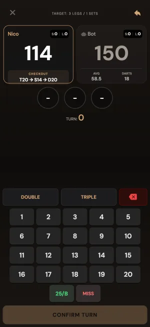 Screenshot of the Darts Scorer app during a match